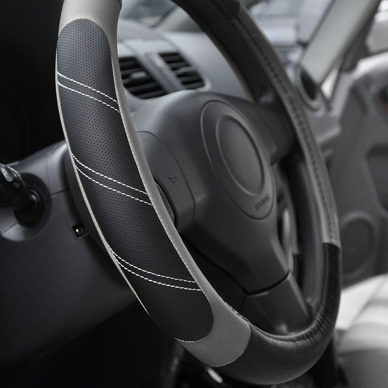 Elantrip Leather Large Steering Wheel Cover 15 1/2 to 16 inch Soft Grip Breathable for Car Truck SUV Jeep Anti Slip Black and Gray - Image 3